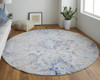 8' Ivory Taupe and Blue Round Floral Power Loom Distressed Stain Resistant Area Rug