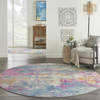 8' Blue and Pink Round Abstract Power Loom Area Rug