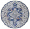 8' Gray Ivory and Blue Round Floral Power Loom Distressed Stain Resistant Area Rug