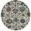 8' Stone Grey Purple Green Gold and Teal Round Oriental Power Loom Area Rug