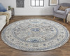 8' Gray Brown and Blue Round Floral Stain Resistant Area Rug