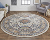 8' Ivory Orange and Blue Round Floral Stain Resistant Area Rug