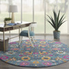 8' Blue and Orange Round Floral Power Loom Area Rug