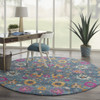 8' Blue and Orange Round Floral Power Loom Area Rug
