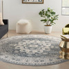 8' Grey and Ivory Round Oriental Power Loom Non Skid Area Rug