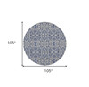 9' Blue Ivory and Black Round Floral Distressed Stain Resistant Area Rug