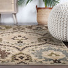 8' Square Ivory Gray and Olive Square Floral Stain Resistant Area Rug