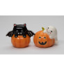 Kitty Bat and Ghost on a Pumpkin Porcelain Salt and Pepper Shakers, Set of 4