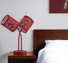 17" Red Metal Two Light Table Lamp with Red Abstract Drum Shade
