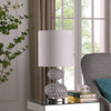 24" Chrome and Faux Crystal Double Orb Table Lamp with White Classic Drum Shade
