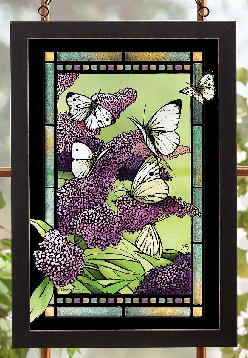 Purple Lilac Flowers and Butterflies Stained Glass Wall Art Wall
