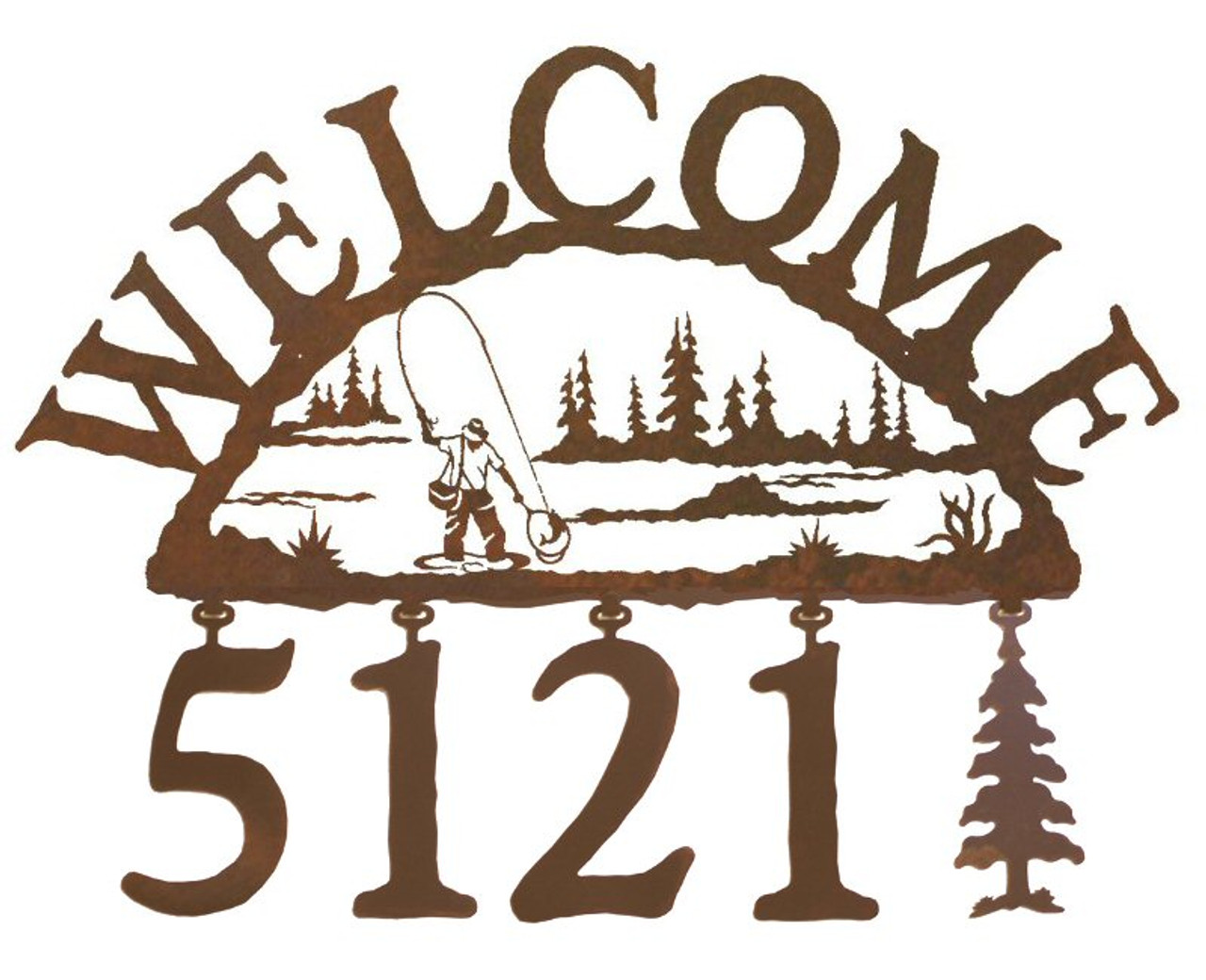 Man Fly Fishing Metal Address Welcome Sign - Rustic Outdoor Wall Decor