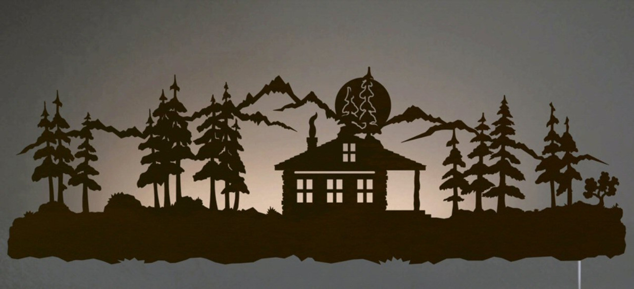 42 Cabin In Pine Forest Led Back Lit Lighted Metal Wall Art