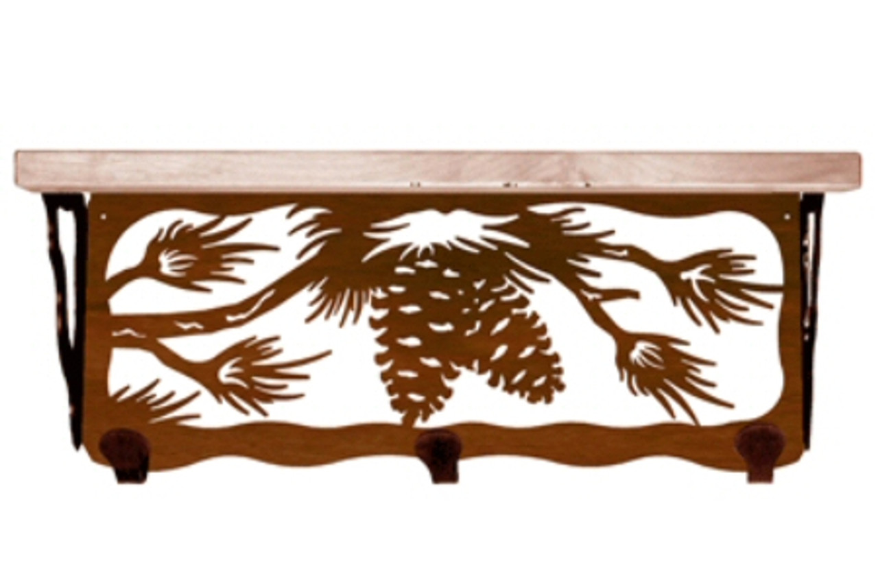 20 Pine Cone Metal Wall Shelf and Hooks with Alder Wood Top