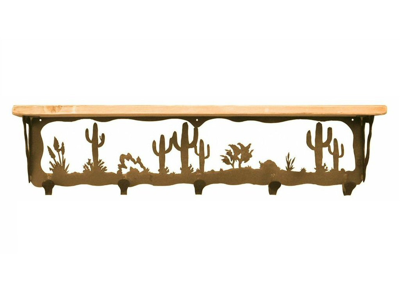 34 Desert Scene Metal Wall Shelf and Hooks with Pine Wood Top