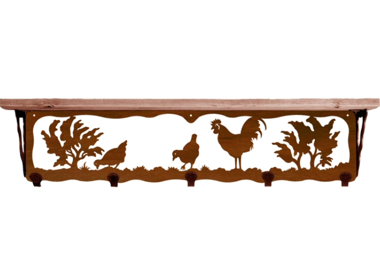 34 Rooster Bird Metal Wall Shelf and Hooks with Alder Wood Top