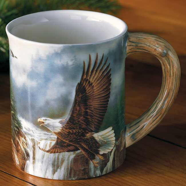 Majestic Flight Bald Eagle Sculpted Stoneware Coffee Mugs, Set of 6