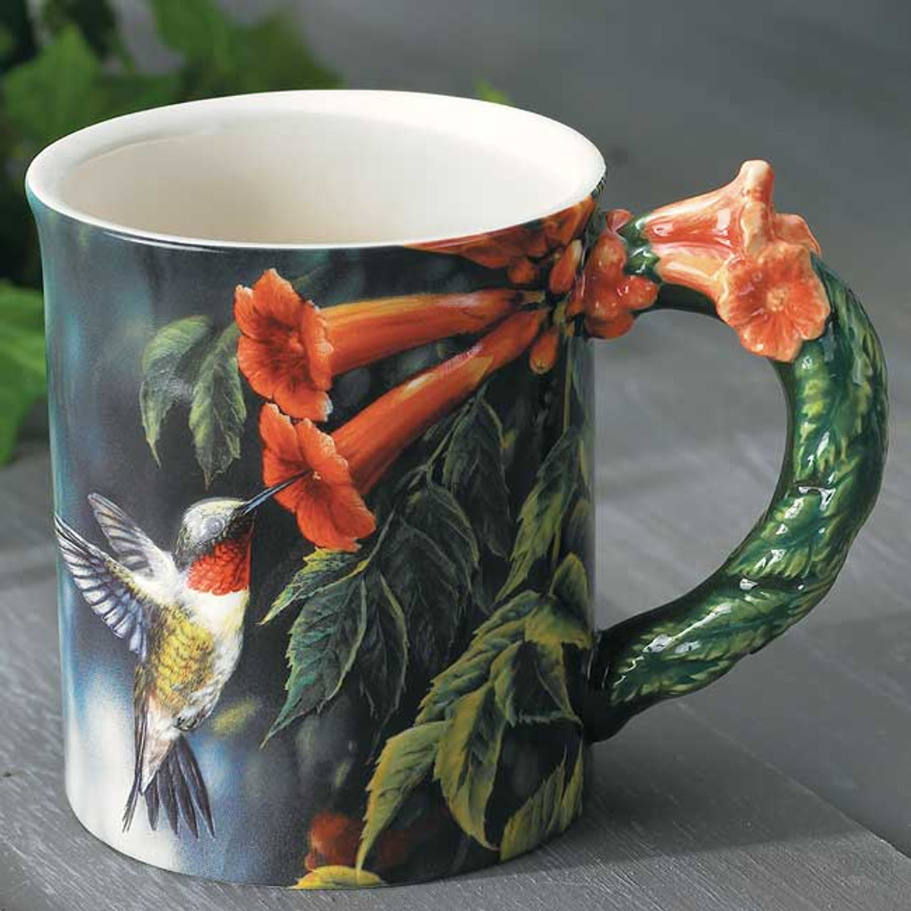 Ruby-throated Hummingbird Sculpted Stoneware Coffee Mugs, Set of 6