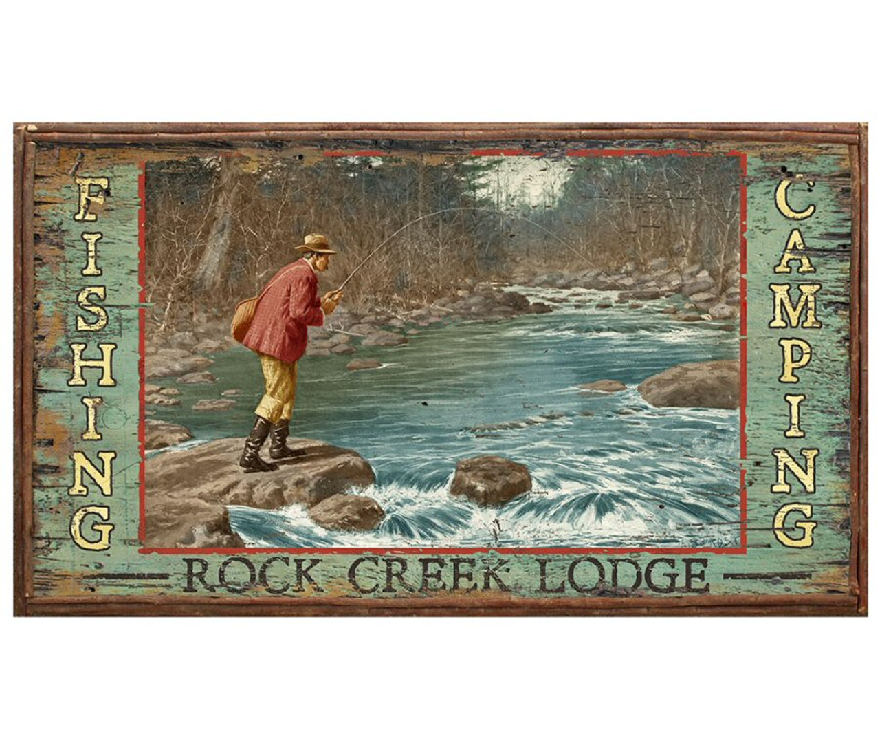 Customizable Rock Creek Lodge Fishing Vintage Style Wooden Sign