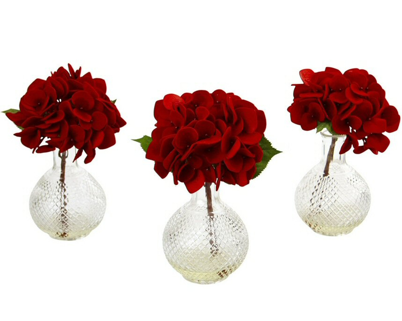 Red Hydrangea Silk Flower Arrangement With Glass Vase Set Of 3