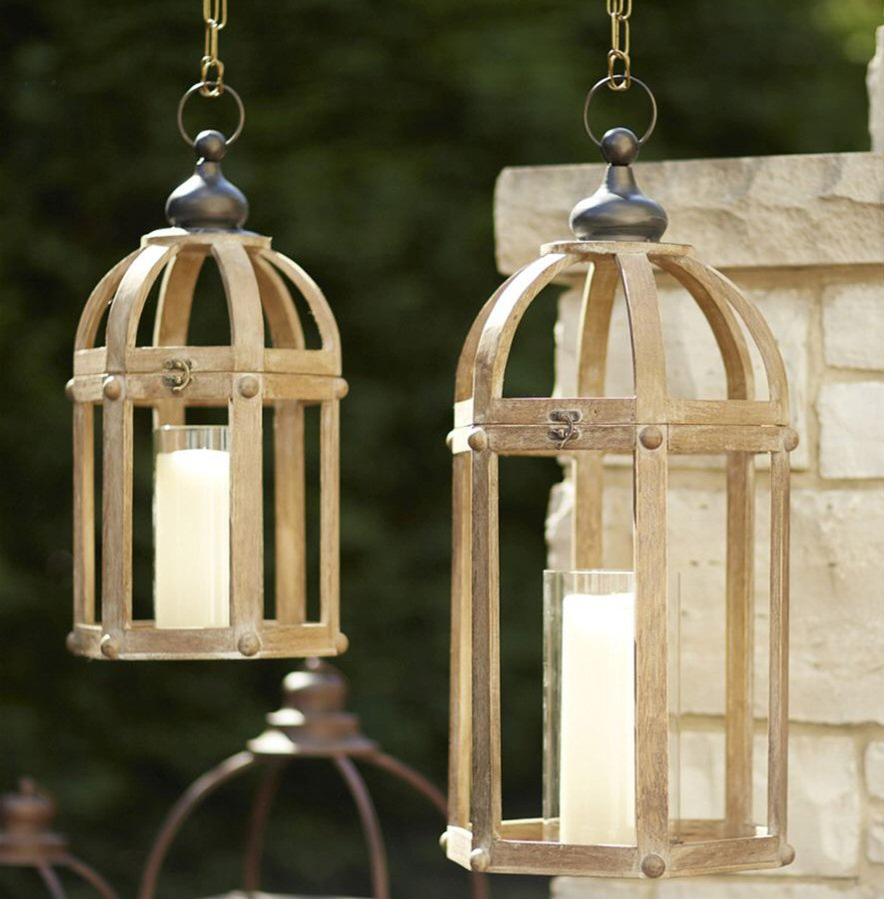 Simple Hanging Wood And Metal Candle Lanterns Candle Holders Set