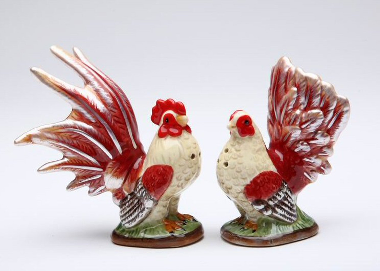 Mini Country Rooster and Hen Ceramic Salt and Pepper Shakers, Set of 4