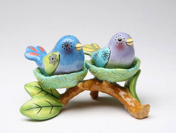 Bird Nest on Branch Ceramic Salt and Pepper Shakers by Babs, Set of 4