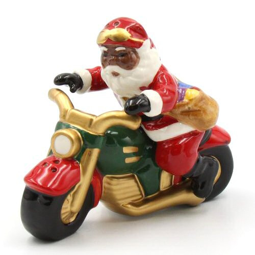 African American Santa Riding a Motorcycle Porcelain Salt and Pepper
