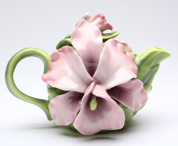 Pink Orchid Flower Porcelain Teapot Tableware Cosmos