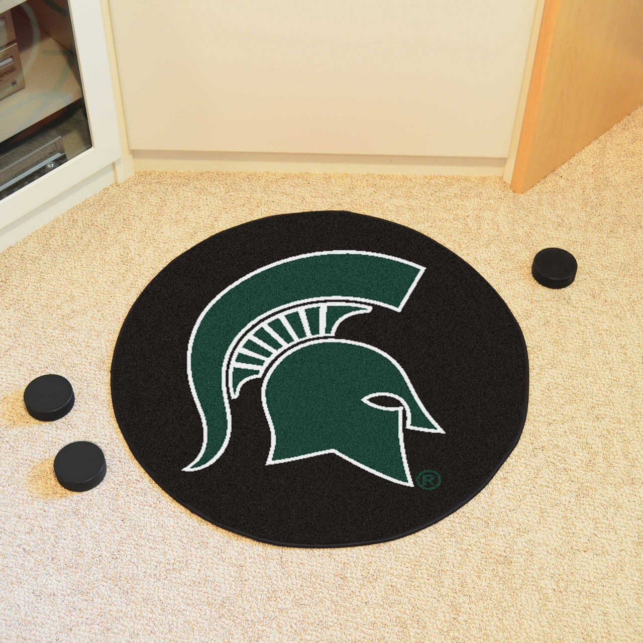 27 Michigan State University Puck Round Mat Spartan Helmet Logo Floor Rug Area Rug