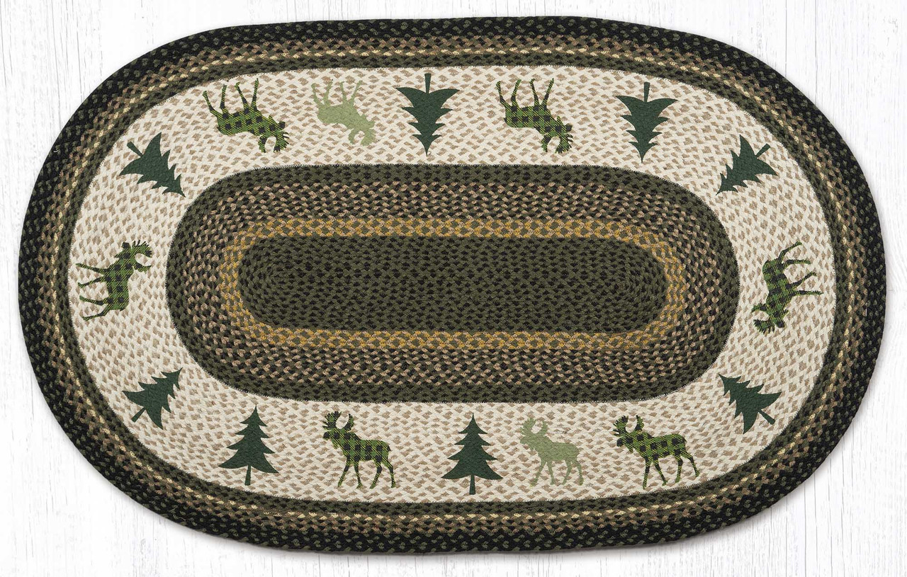 3' x 5' Green Plaid Moose Braided Jute Oval Rug - Floor Rug - Area Rug