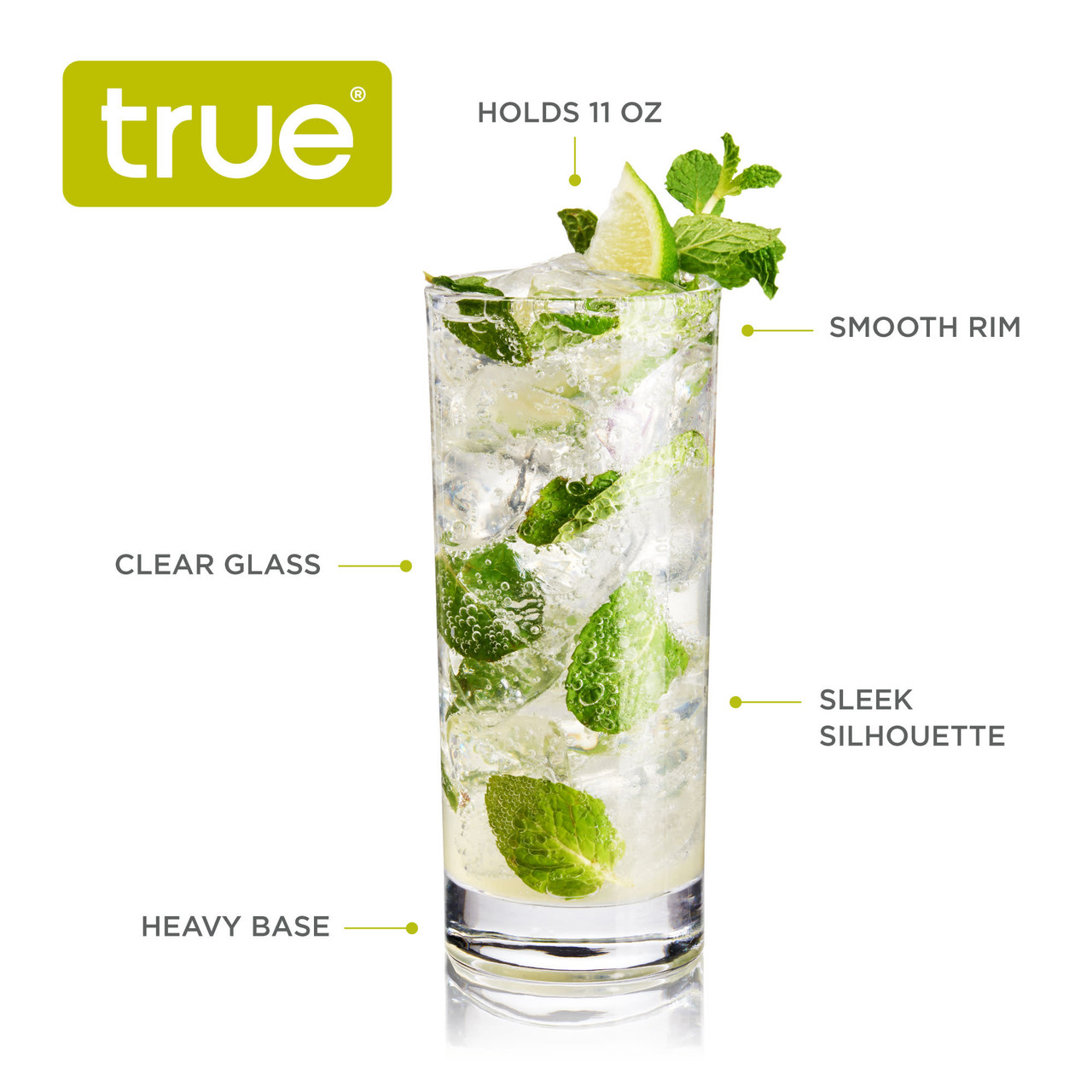 True Highball Cocktail Drinking Glasses With Heavy Base, Tall