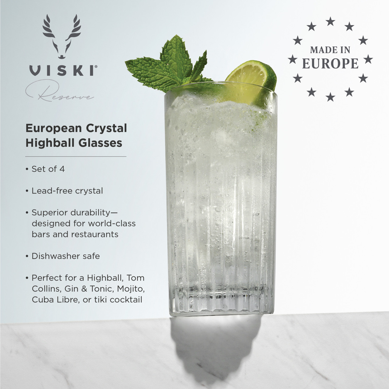 Viski Shatterproof Highball Tumblers, Faceted Acrylic Tall Drink