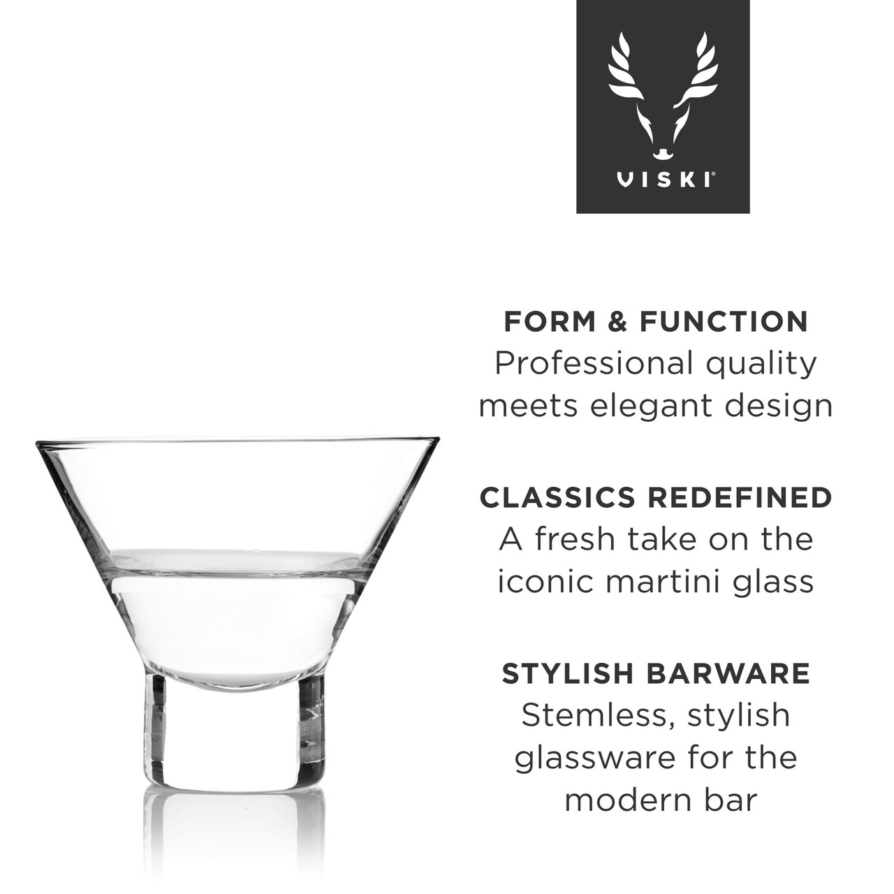 Viski Crystal Martini Glasses, Heavy Base, Stemless Cocktail