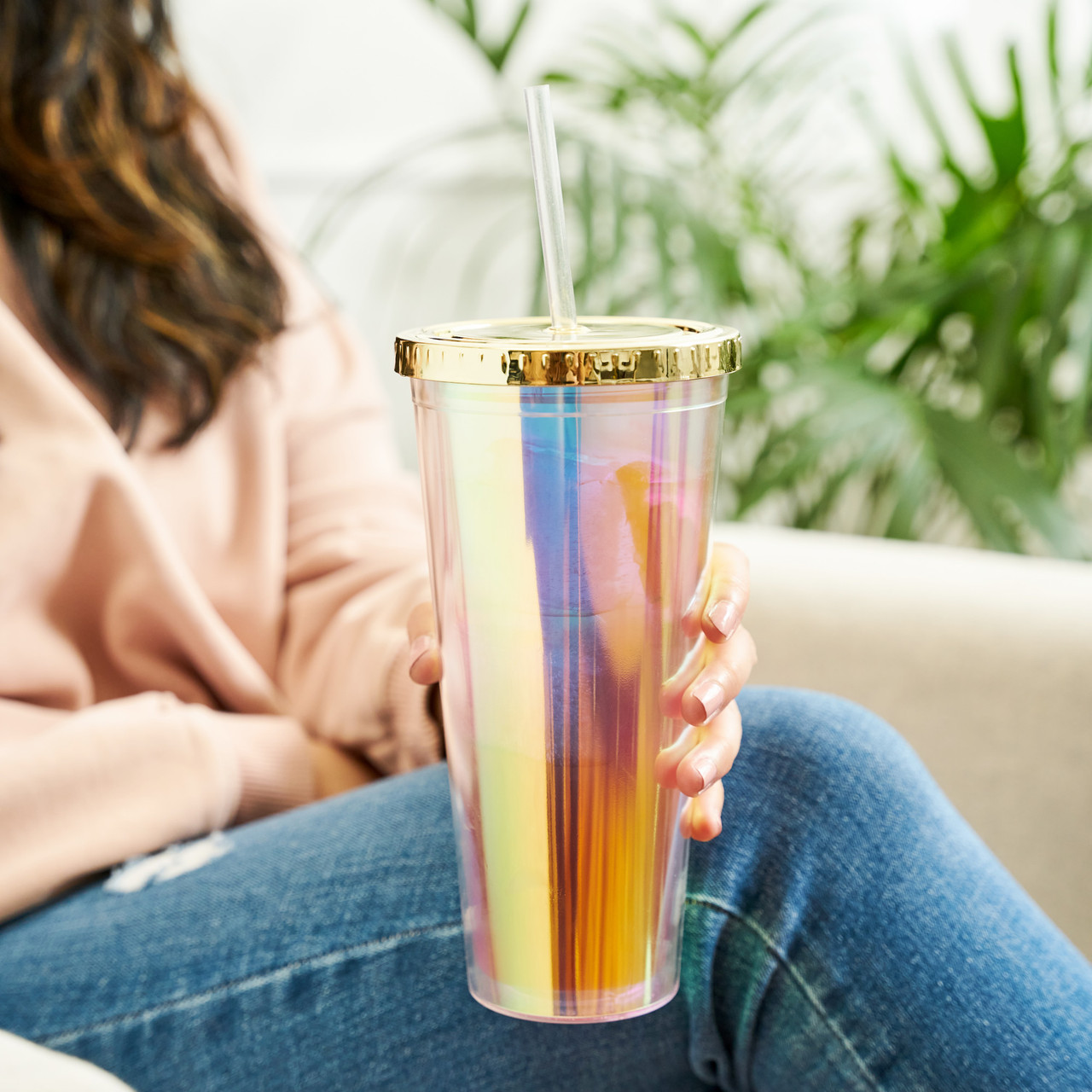 Blush Glam Double Walled Glitter Tumbler - Travel Cup & Straw 24oz, Gold 