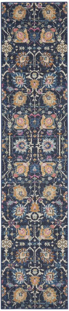 2' x 10' Navy Blue Floral Power Loom Runner Rug