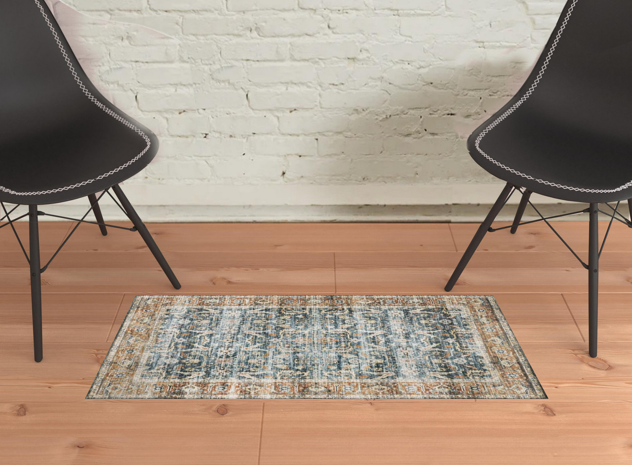 Rust And Olive Rug 2' x 3' Blue Rust Gold and Olive Oriental Printed Stain Resistant Non ...