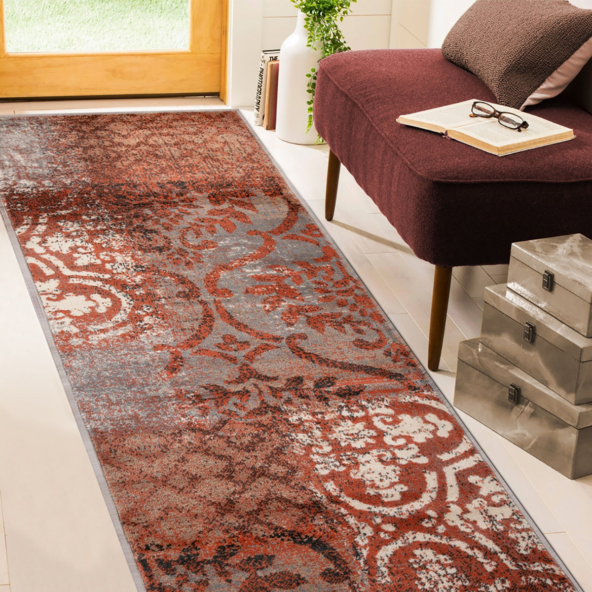 3' x 10' Rust and Gray Damask Distressed Stain Resistant Runner Rug
