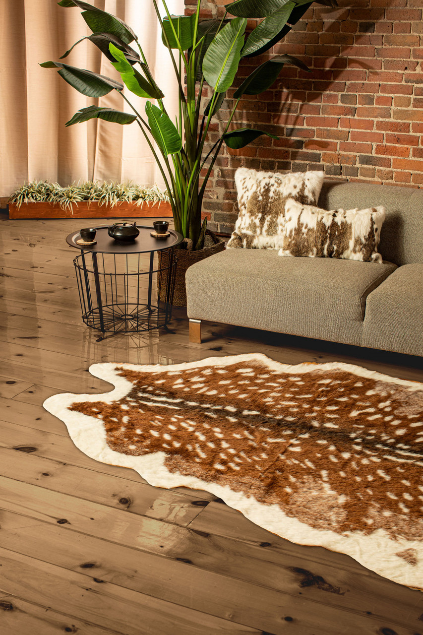 5' x 8' Off White and Brown Faux Cowhide Tufted Washable Non Skid