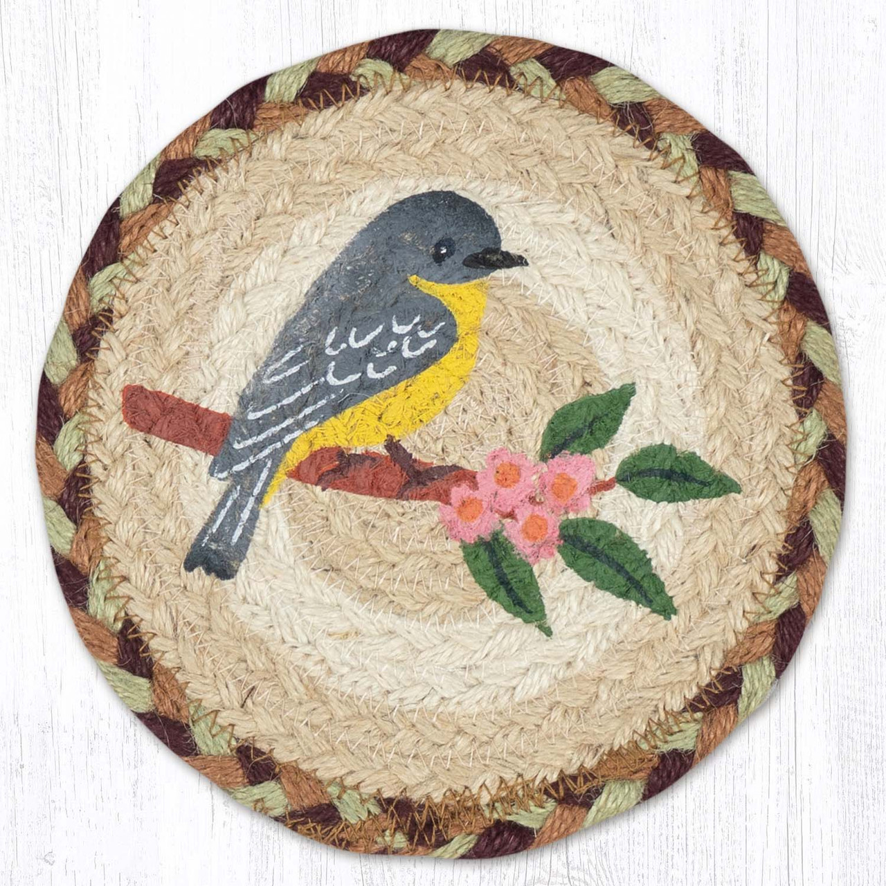 Capitol Earth Rugs Finch With Flowers Jute Coaster