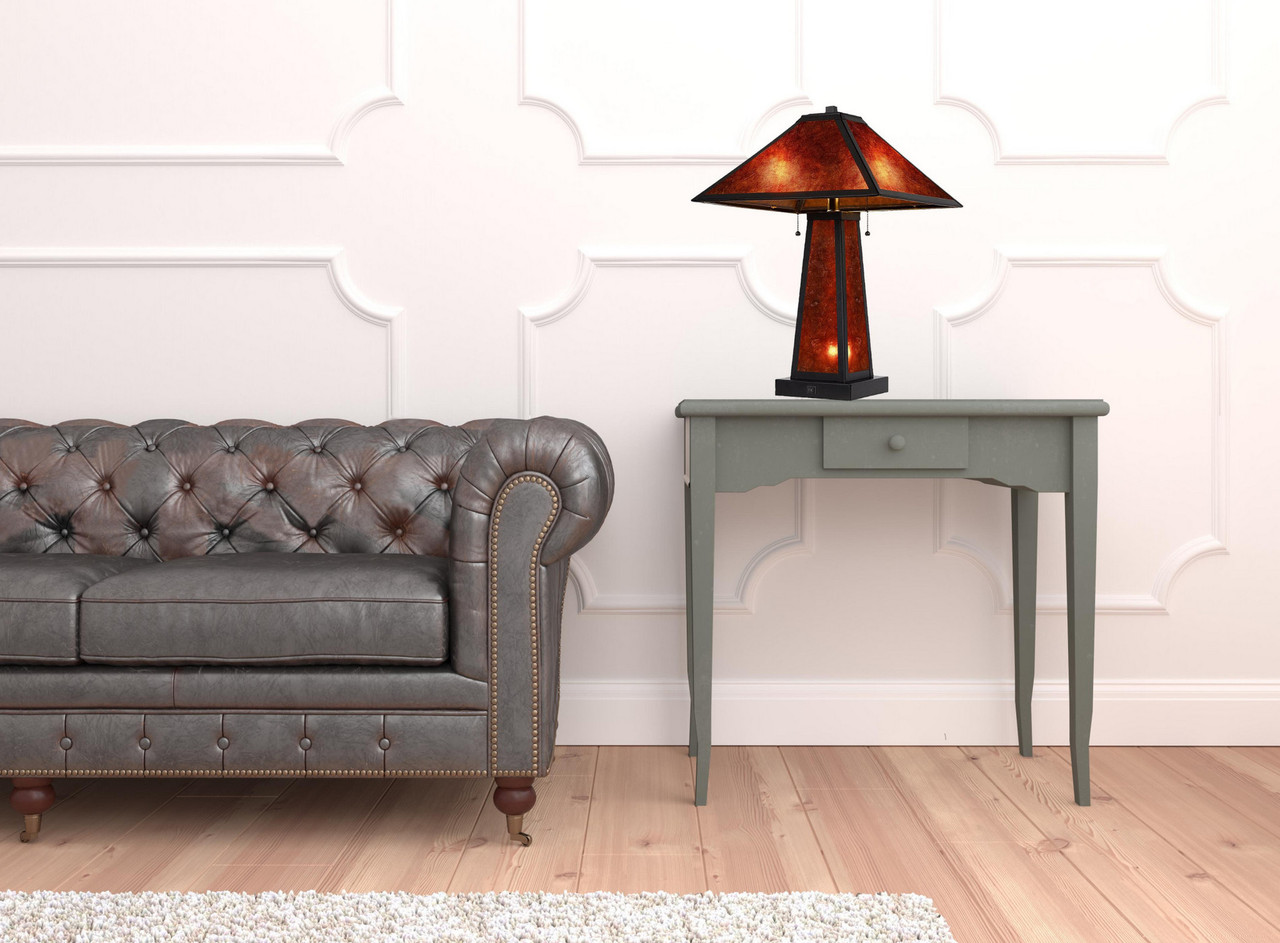 24" Burnt Orange Metal Two Light Table Lamp with Amber Square Shade - Thumbnail 2