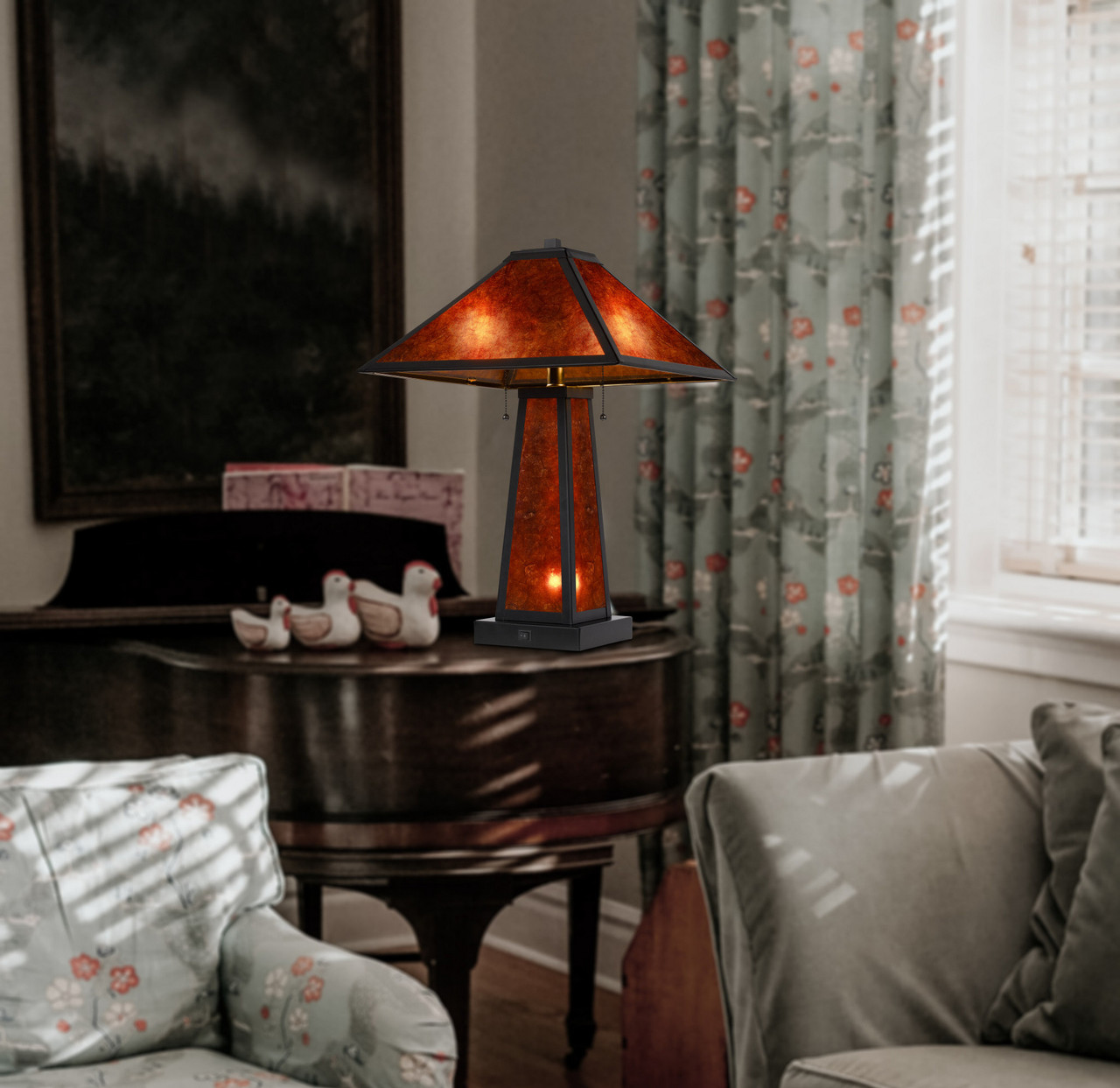 24" Burnt Orange Metal Two Light Table Lamp with Amber Square Shade - Thumbnail 4