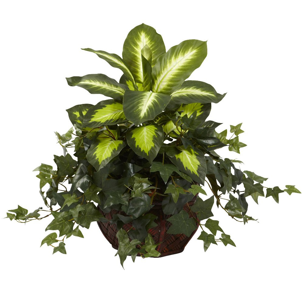 Golden Dieffenbachia Silk Plant with Decorative Planter Artificial