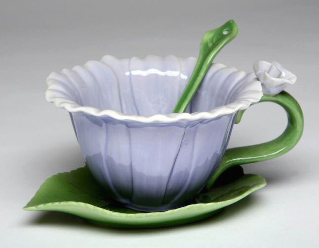Dahlia Flower Porcelain Cups, Saucers and Spoons Set of 6 Drinkware