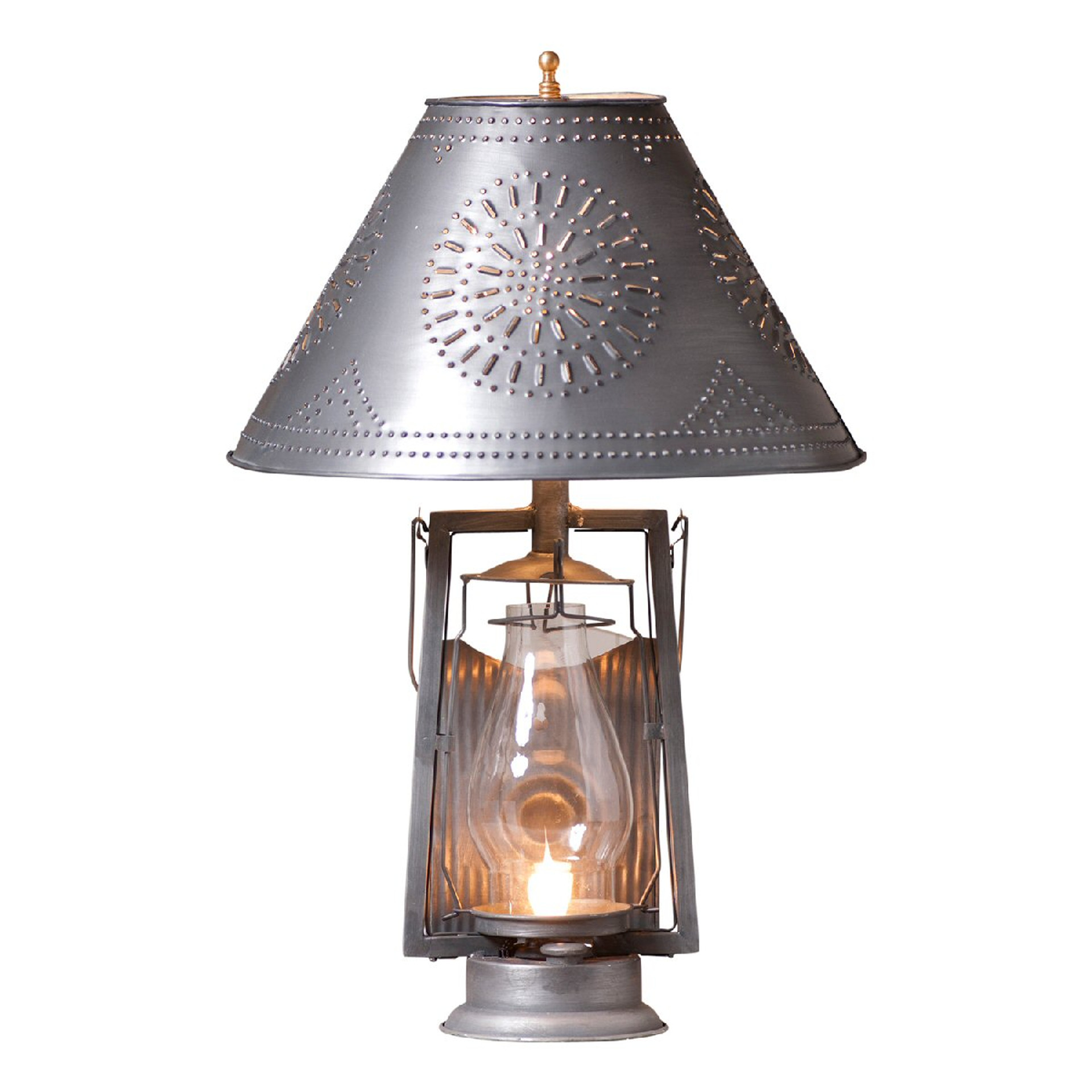 Antique Tin Farmer's Metal and Glass Table Lamp with Punched Chisel