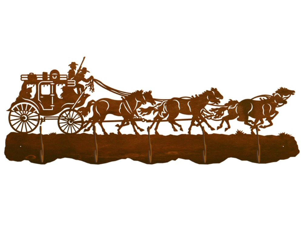 West Wall Rack Stagecoach with Horses Scenic Five Hook Metal Wall Coat Rack | Rustic ...