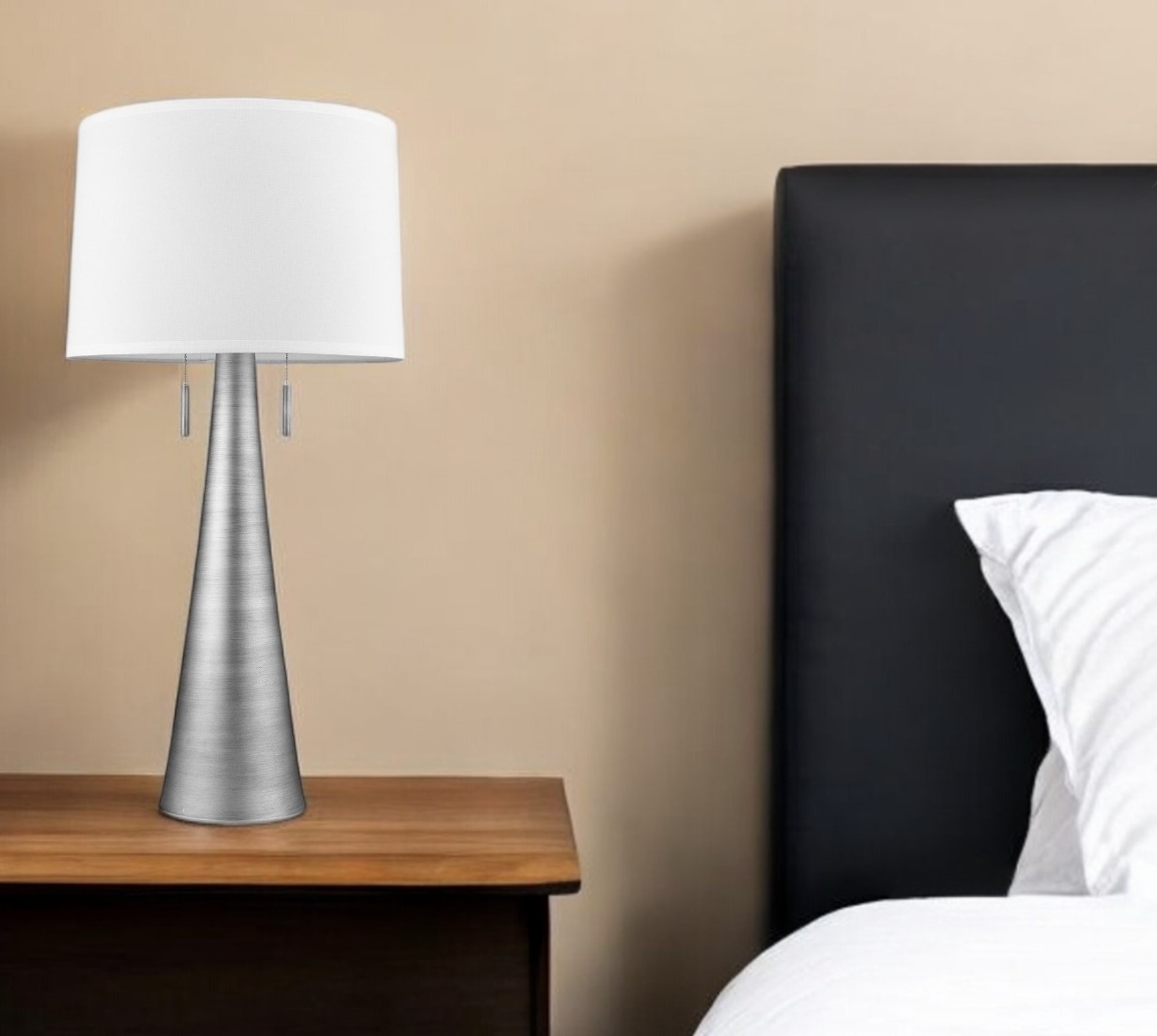 34" Silver Metal Two Light Table Lamp with White Empire Shade - Lighting