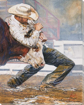 Who's Got Who Cowboy and Bull Wrapped Canvas Giclee Print Wall Art