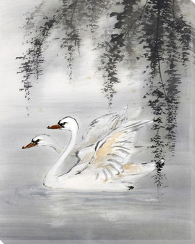 Courting Swan Birds Wrapped Canvas Giclee Print Wall Art