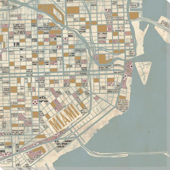 Miami City Grid Map Wrapped Canvas Giclee Print Wall Art